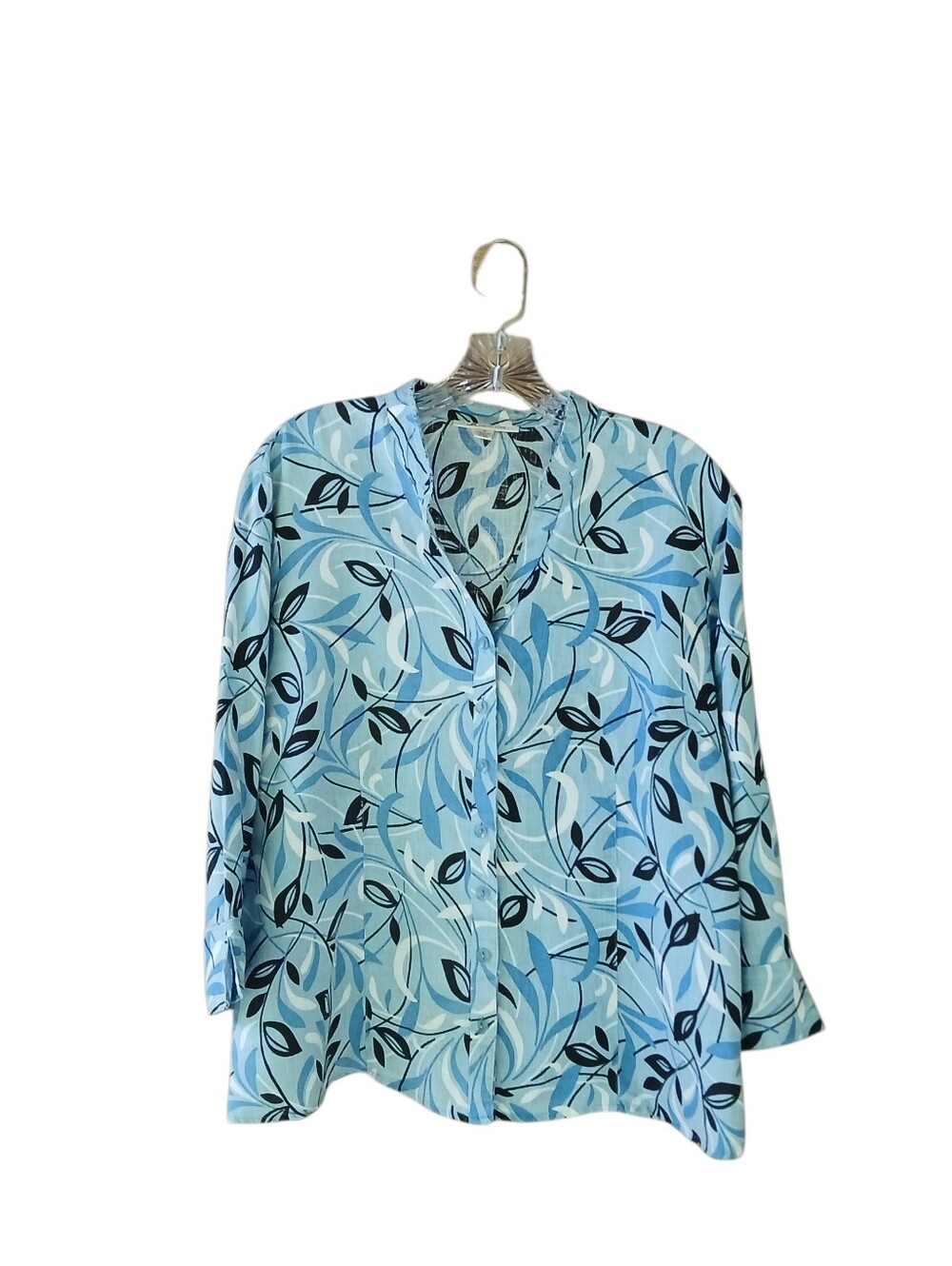 JM Collection Light Blue Floral 3/4 Sleeve Button Down 100% Linen Shirt Size 12